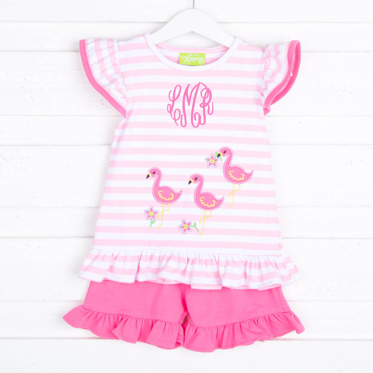 Flamingo Applique Pink Stripe Ruffle Short Set