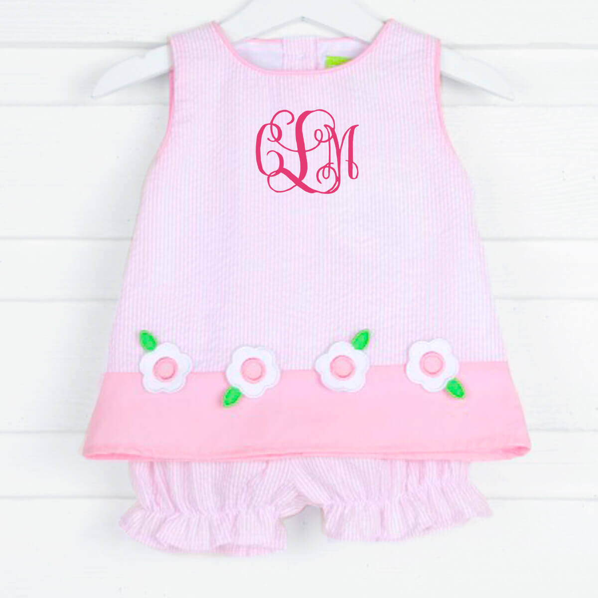 Flower Applique Pink Stripe Bloomer Set