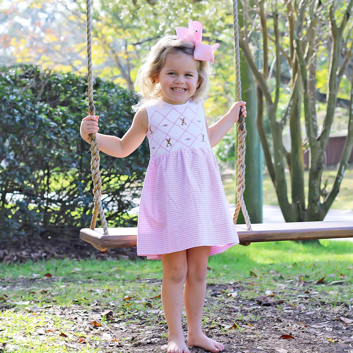Chocolate Bunny Chest Smocked Dress Pink Gingham Seersucker