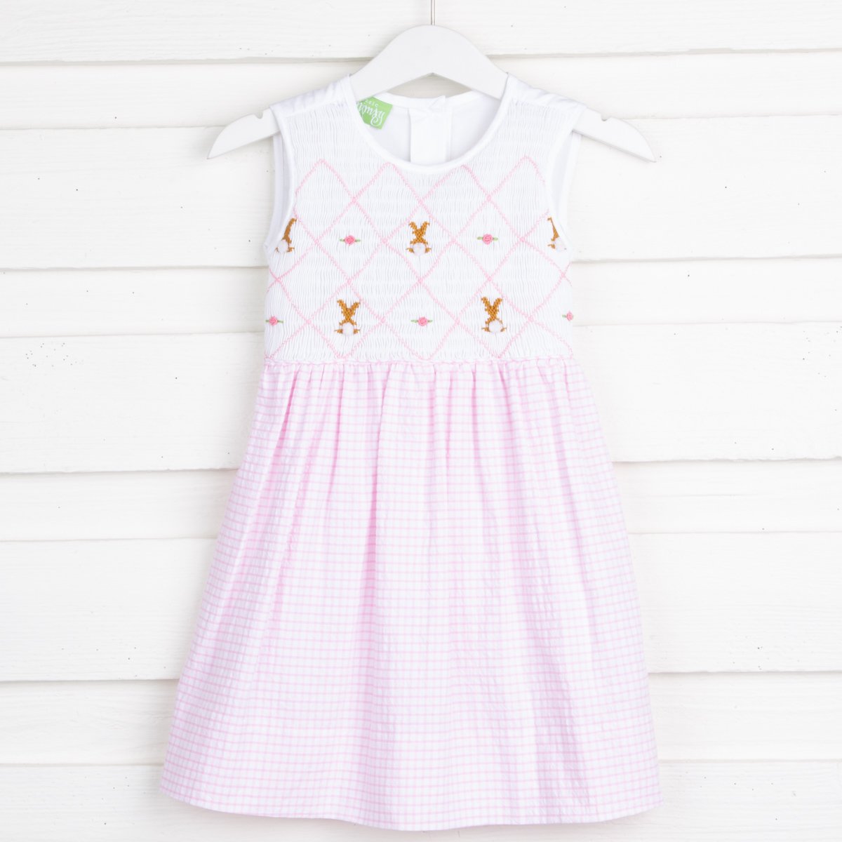 Chocolate Bunny Chest Smocked Dress Pink Gingham Seersucker