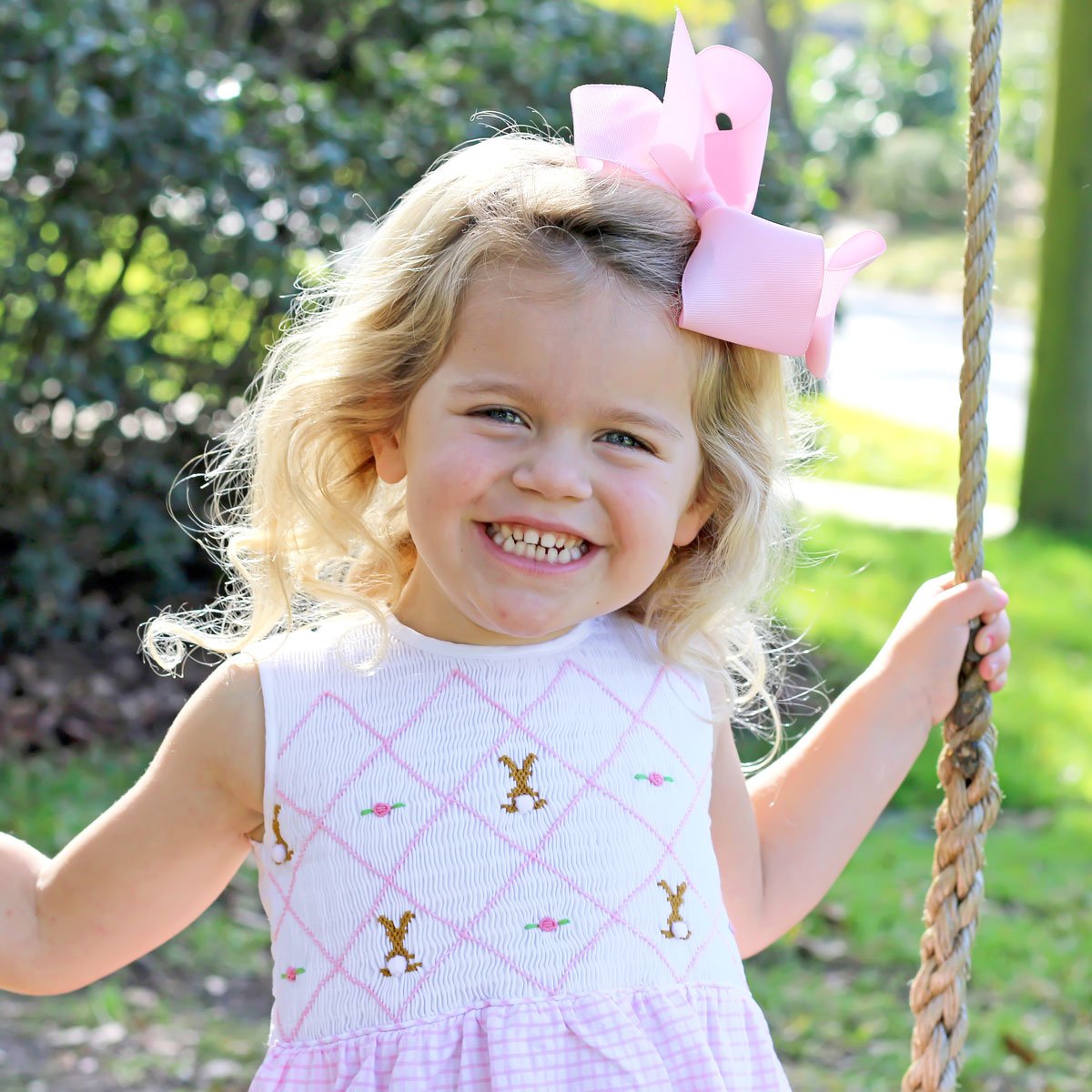 Chocolate Bunny Chest Smocked Dress Pink Gingham Seersucker