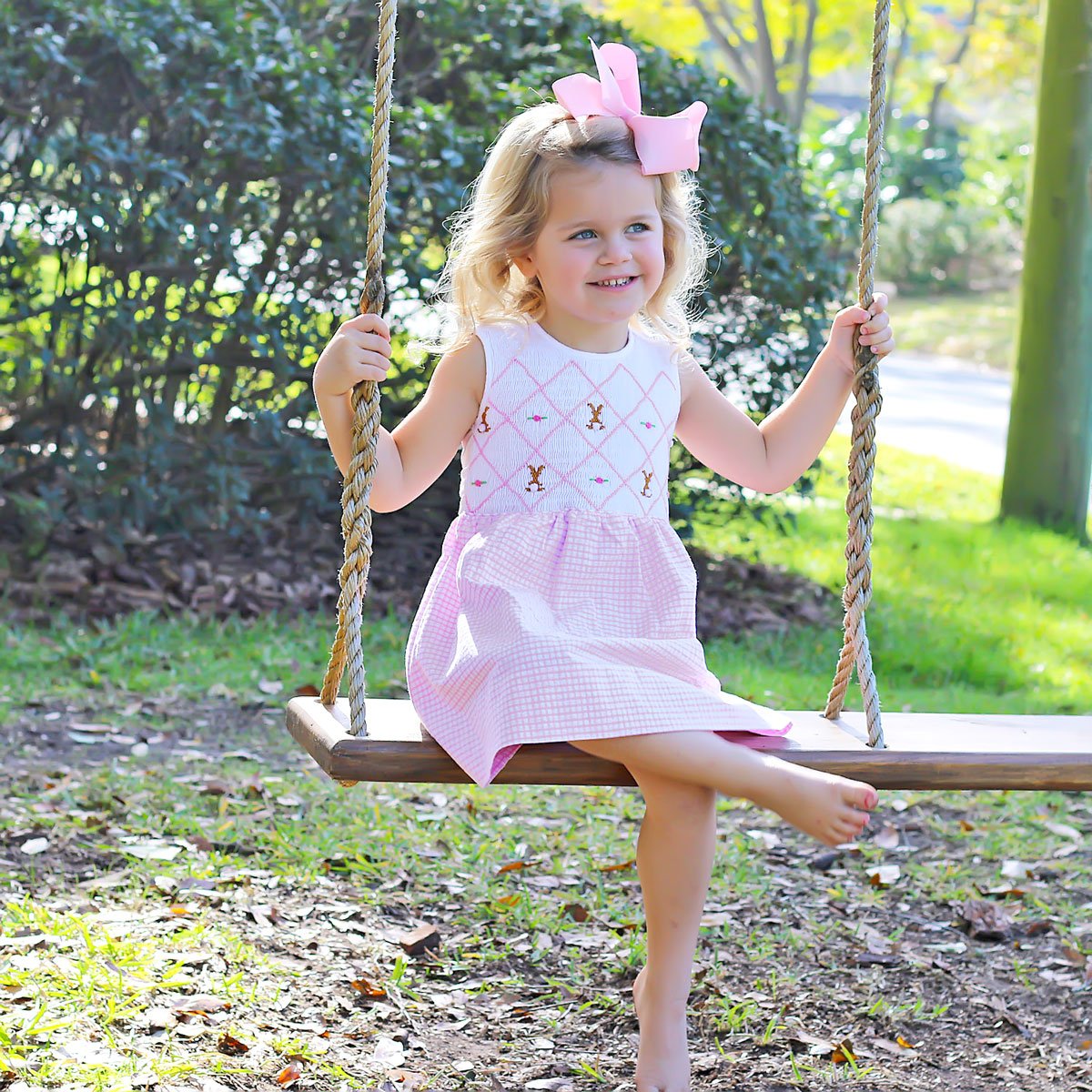 Chocolate Bunny Chest Smocked Dress Pink Gingham Seersucker