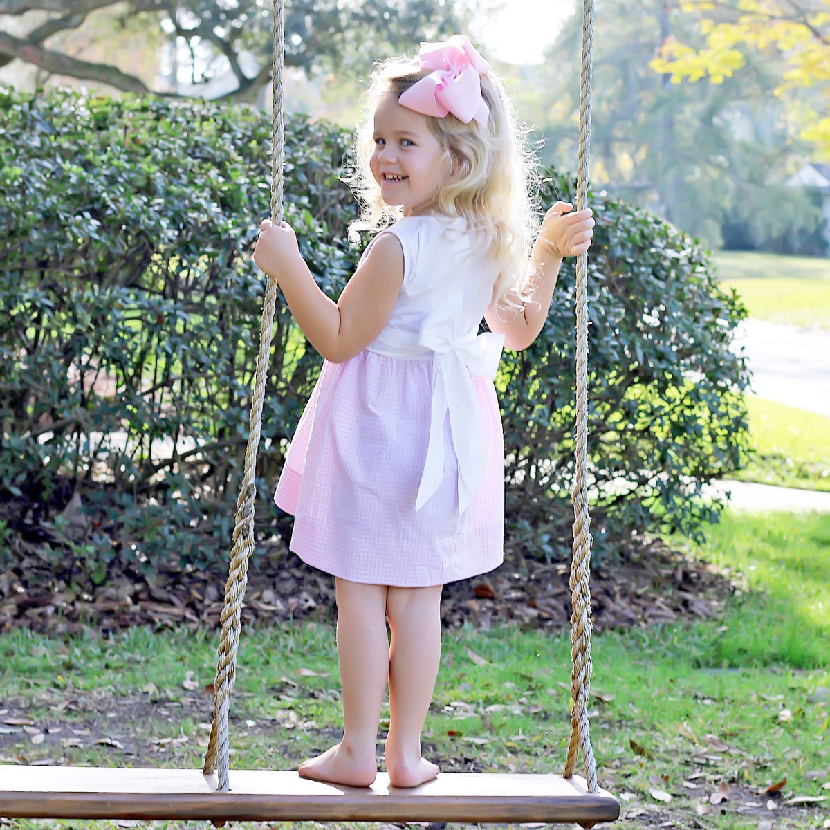 Chocolate Bunny Chest Smocked Dress Pink Gingham Seersucker