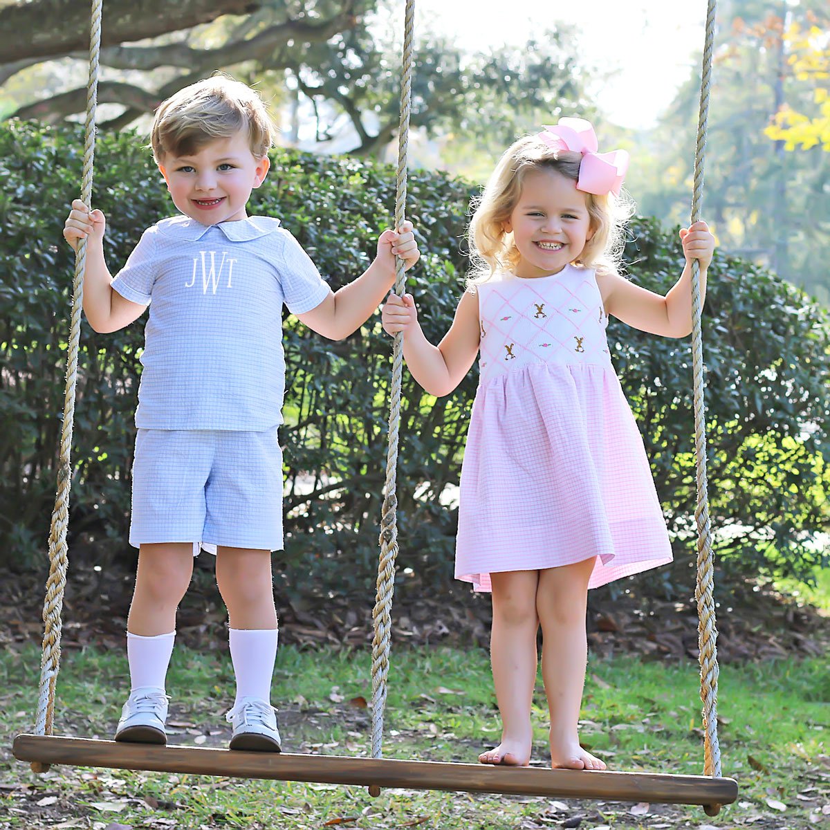 Chocolate Bunny Chest Smocked Dress Pink Gingham Seersucker