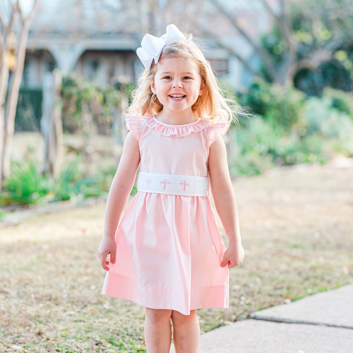 Cross Smocked Pink Ruffle Dress