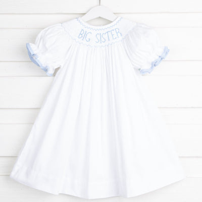 Big Sister Smocked Bishop Dress White with Blue