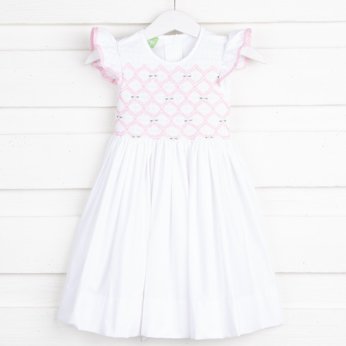 Light Pink Geometric Chest Smocked Dress White Pique