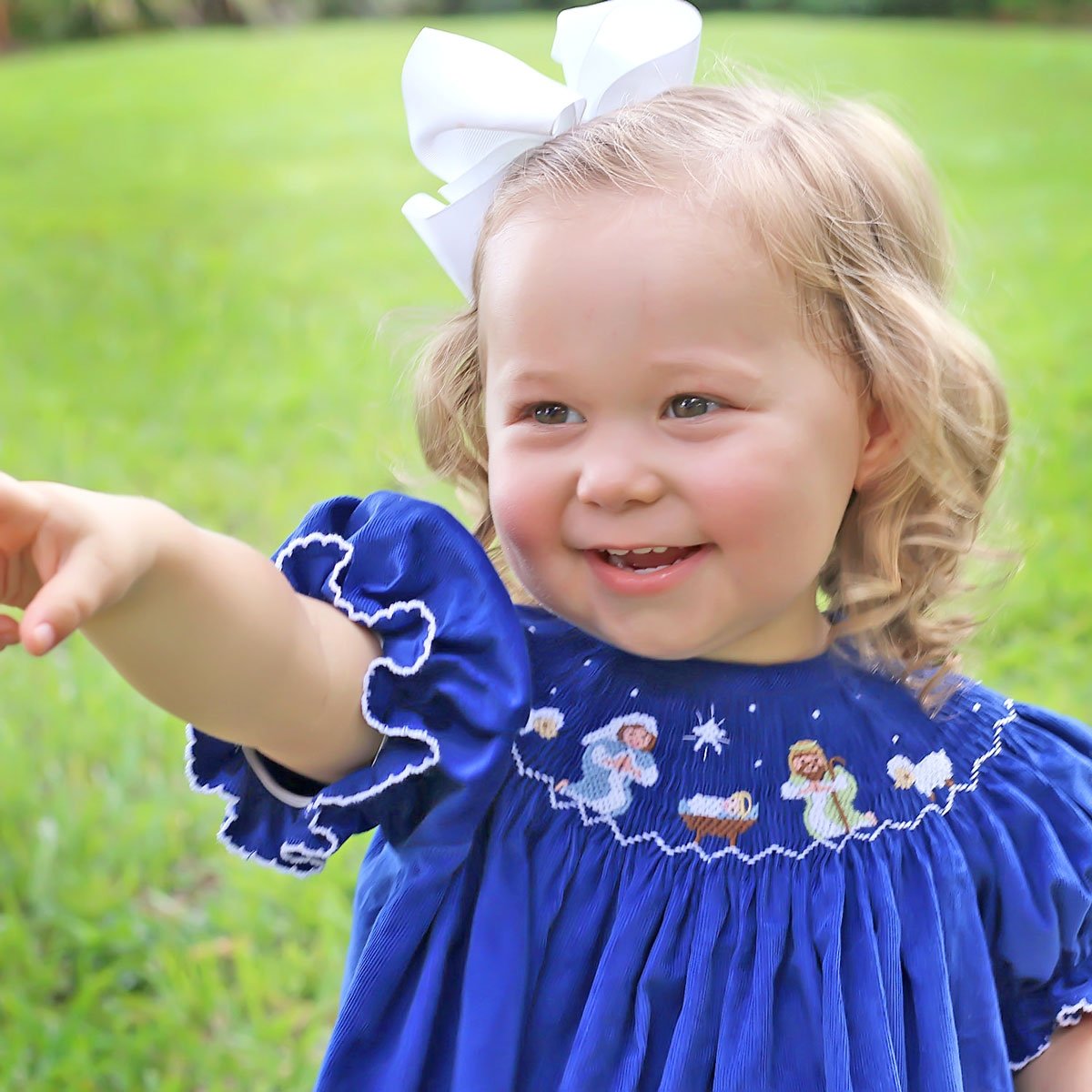 Nativity Smocked Royal Blue Corduroy Dress
