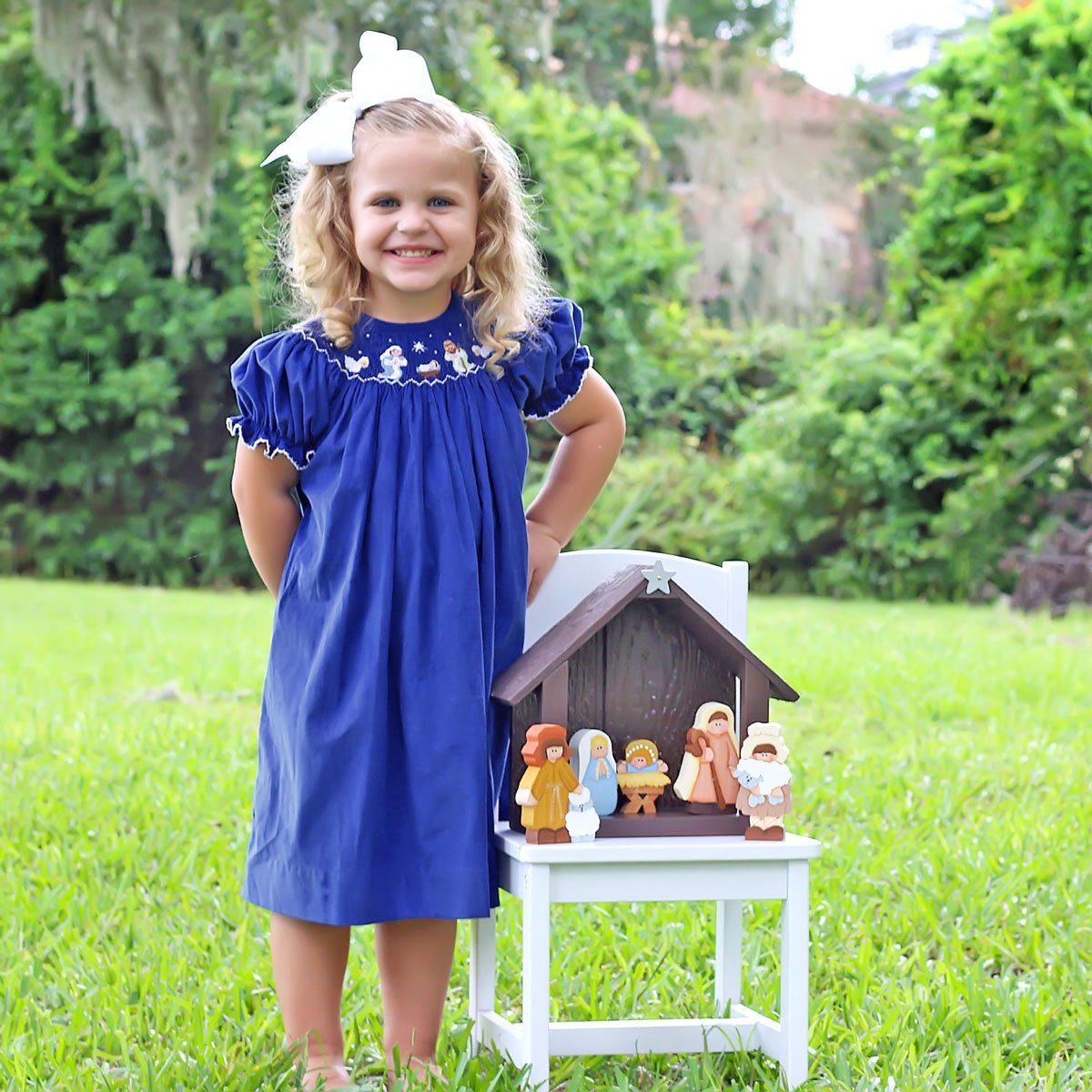 Nativity Smocked Royal Blue Corduroy Dress
