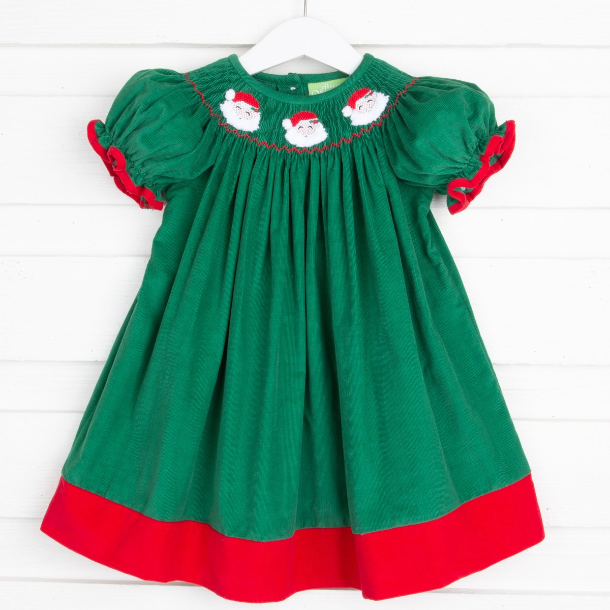 Santa Face Smocked Green Bishop Dress