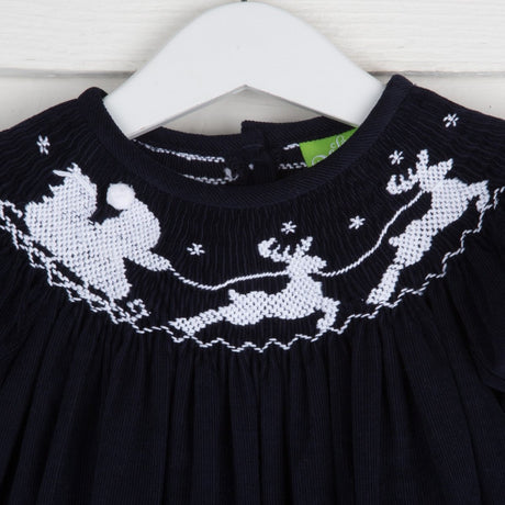 Santa Sleigh Smocked Bishop Navy Corduroy