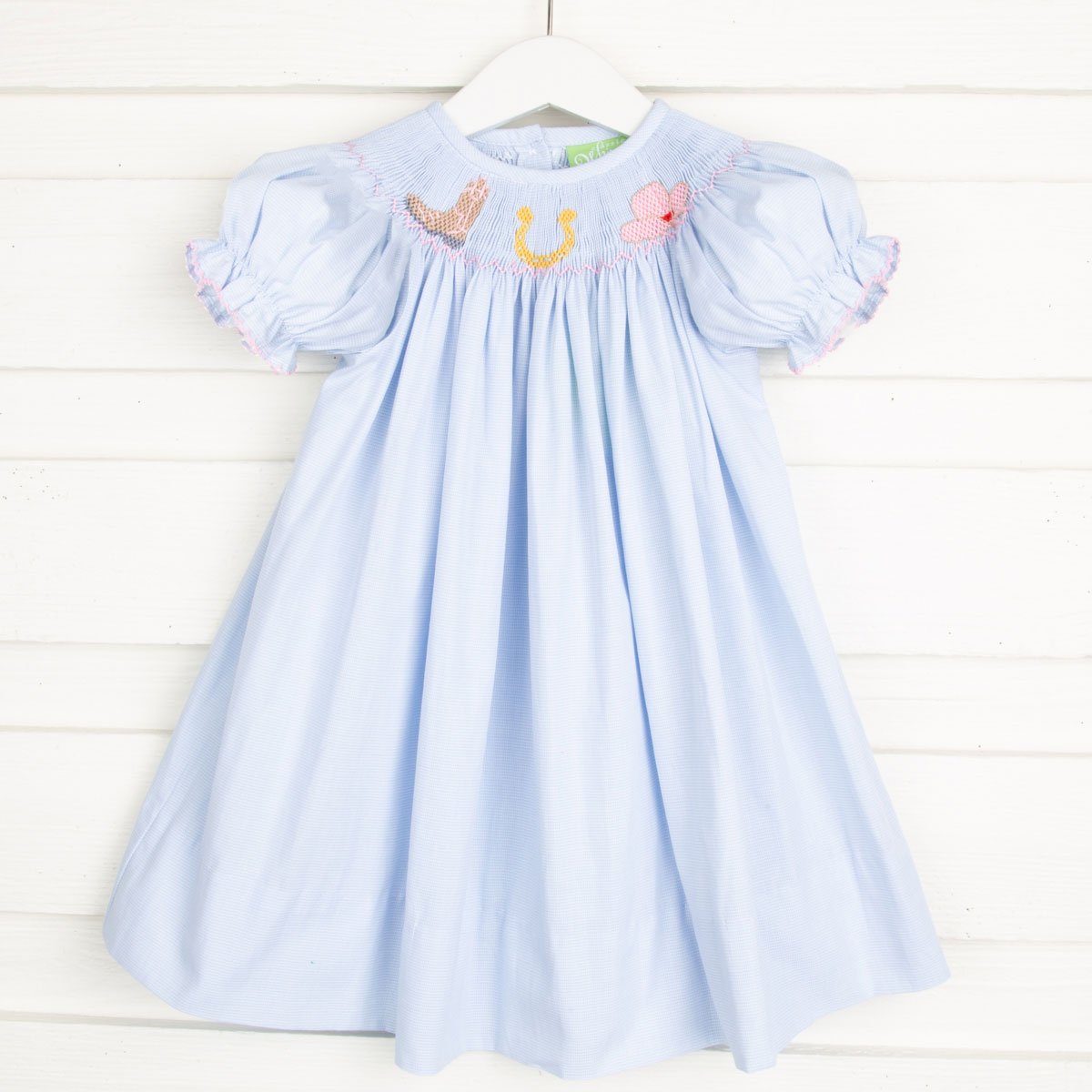 Western Smocked Bishop Light Blue Gingham Dress