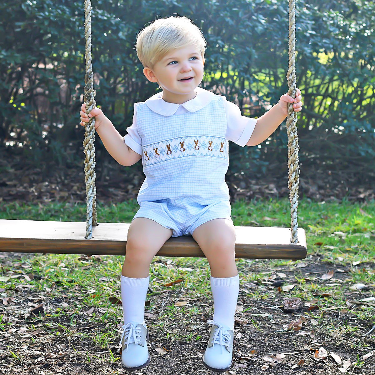Chocolate Bunny Smocked Jon Jon Blue Gingham Seersucker