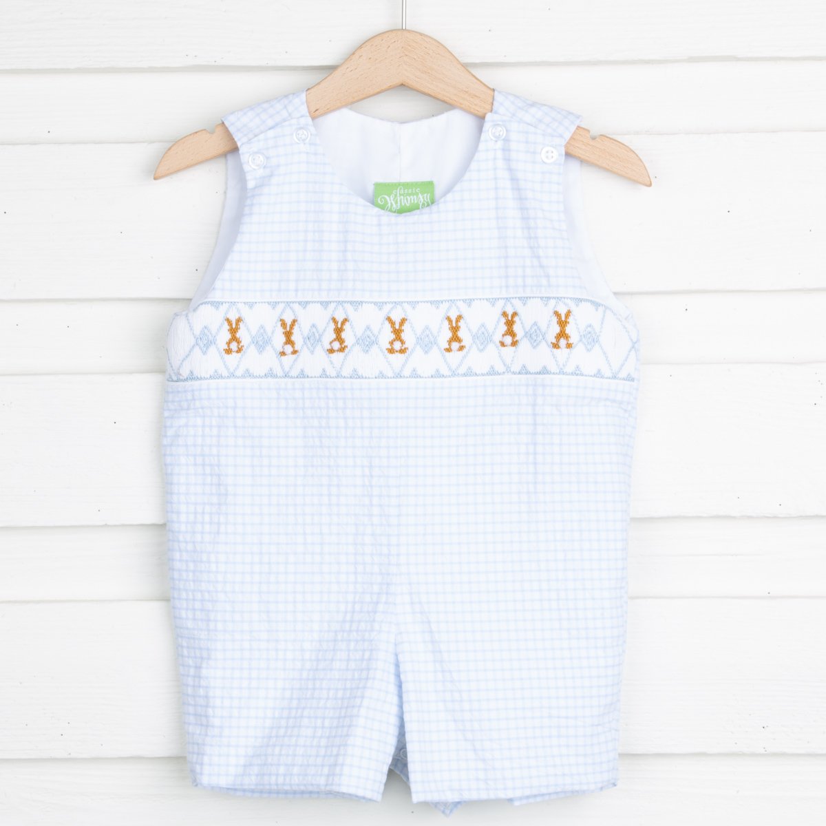 Chocolate Bunny Smocked Jon Jon Blue Gingham Seersucker