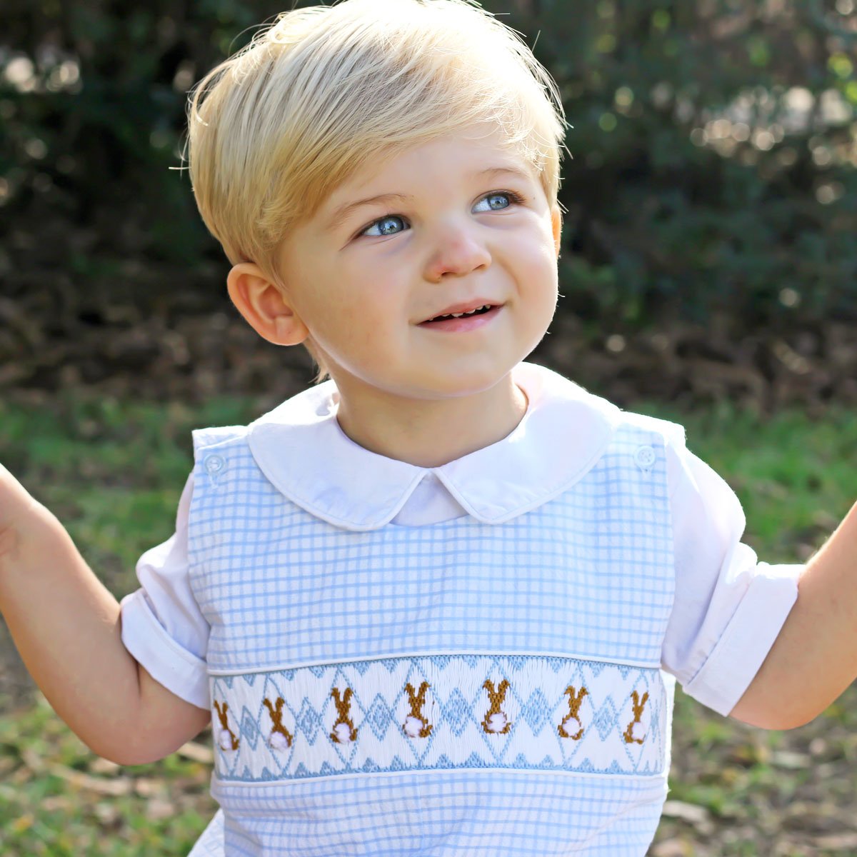 Chocolate Bunny Smocked Jon Jon Blue Gingham Seersucker