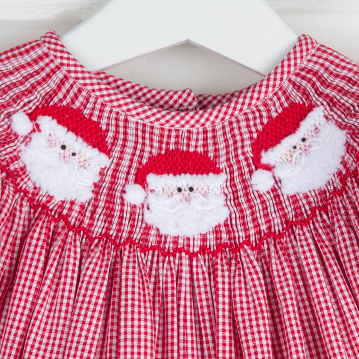 Santa Face Smocked Long Bubble Red Gingham