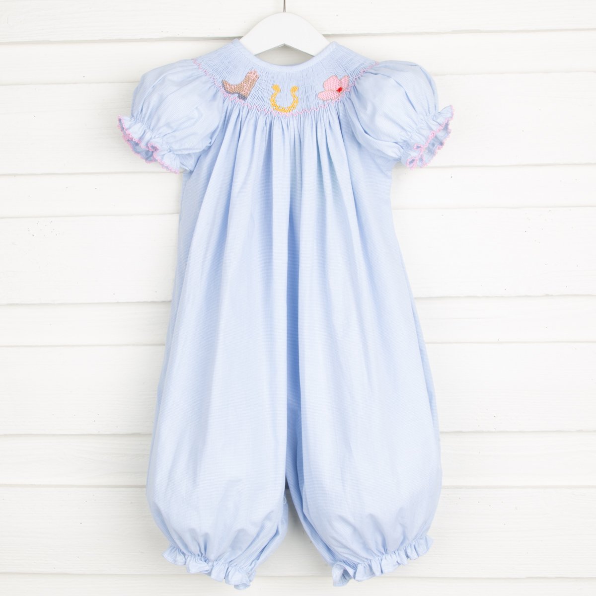 Western Smocked Long Bubble Light Blue Gingham