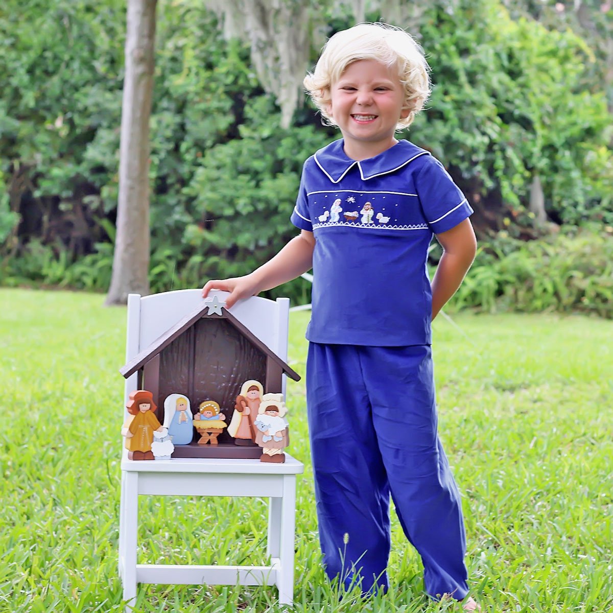 Nativity Smocked Collared Pant Set Royal Blue Corduroy