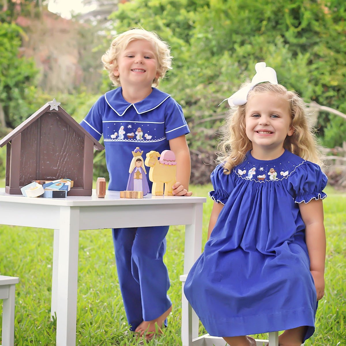 Nativity Smocked Collared Pant Set Royal Blue Corduroy