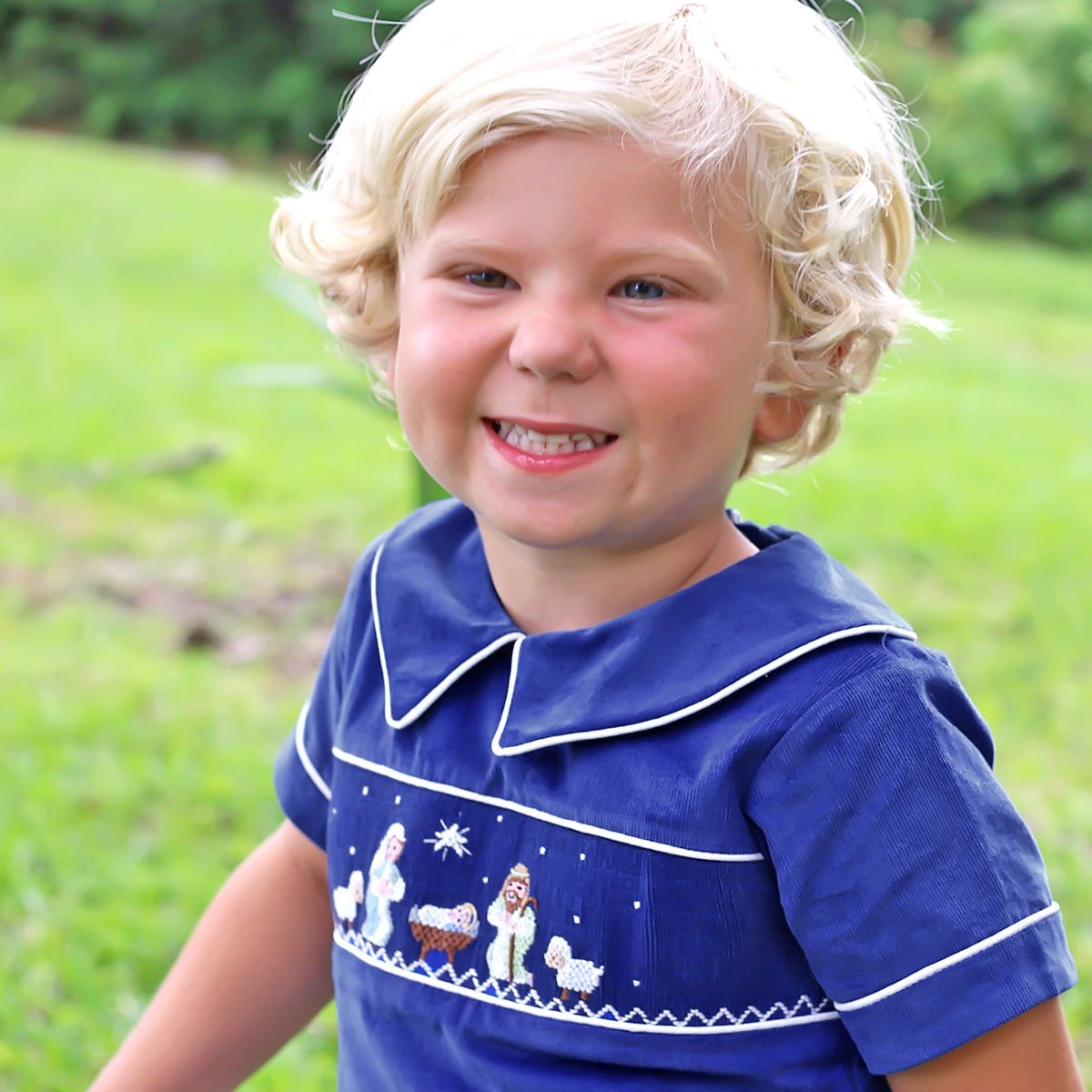 Nativity Smocked Collared Pant Set Royal Blue Corduroy