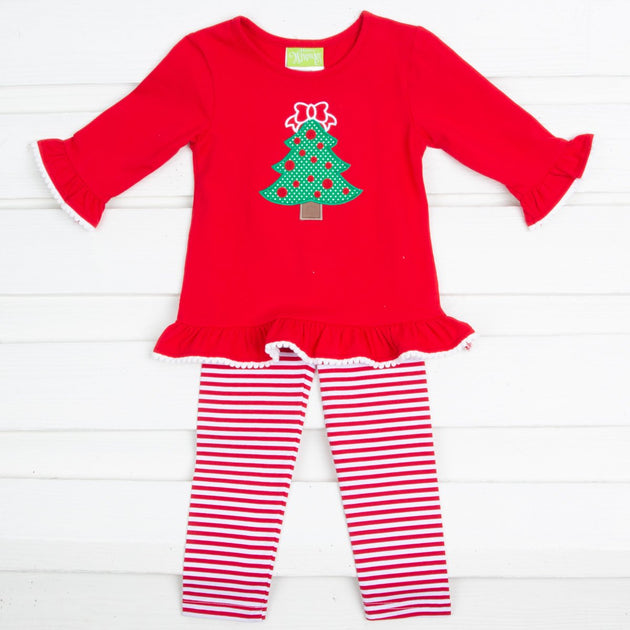 Red Stripe Knit Tree Legging Set Classic Whimsy