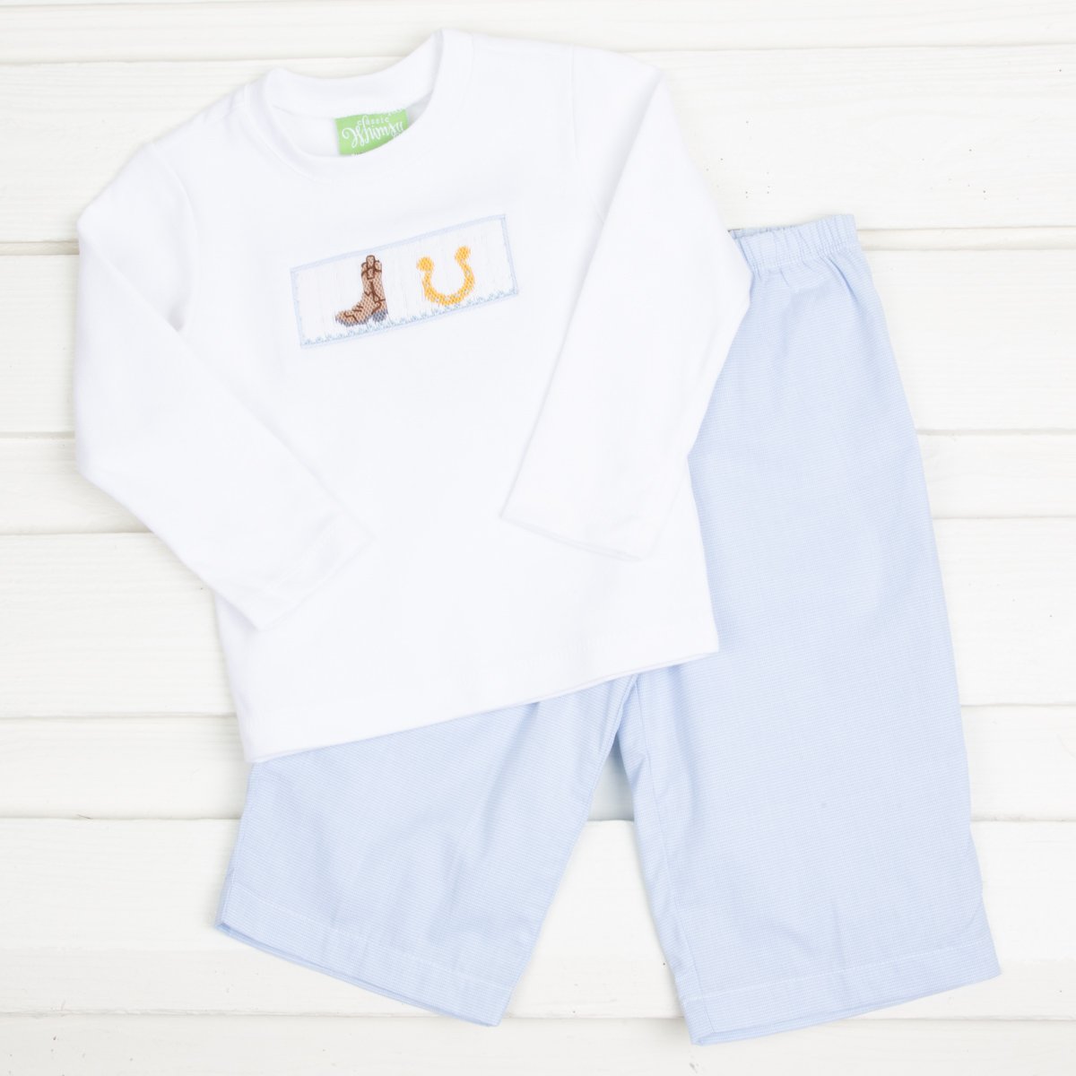 Western Smocked Pant Set Light Blue Gingham