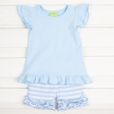 Blue Stripe Knit Ruffle Short Set
