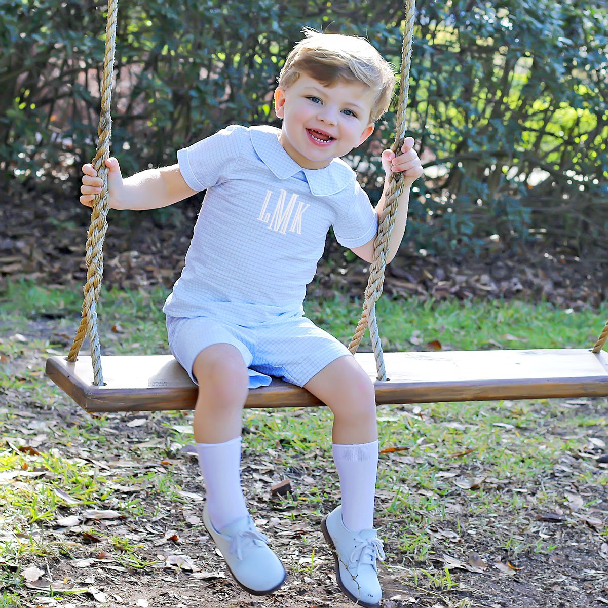 Boys Collared Short Set Blue Gingham Seersucker