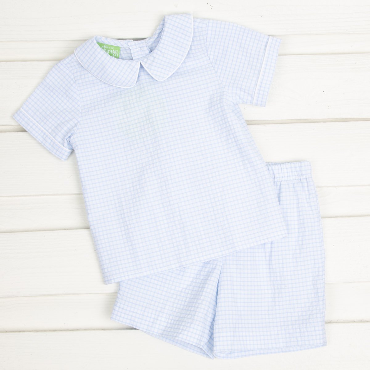 Boys Collared Short Set Blue Gingham Seersucker