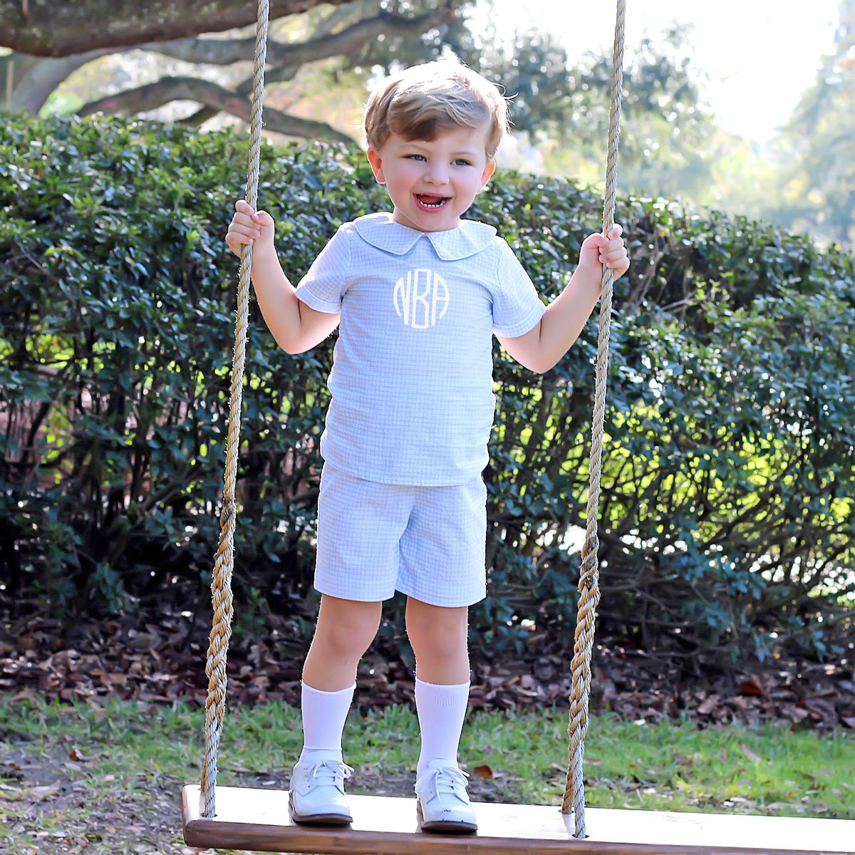 Boys Collared Short Set Blue Gingham Seersucker