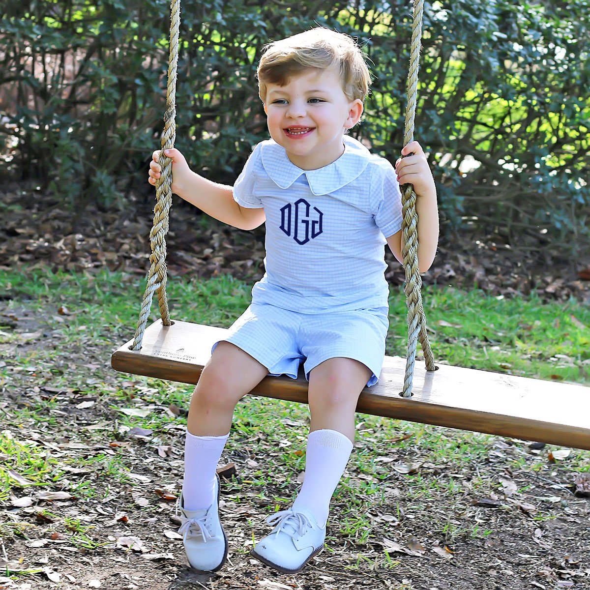 Boys Collared Short Set Blue Gingham Seersucker