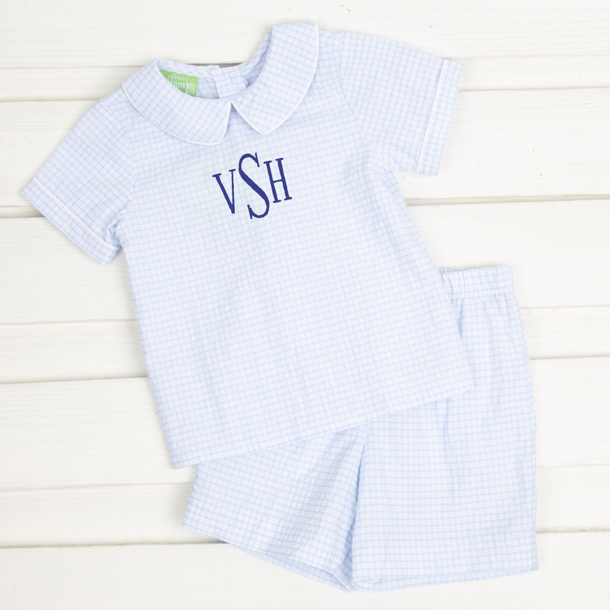 Boys Collared Short Set Blue Gingham Seersucker