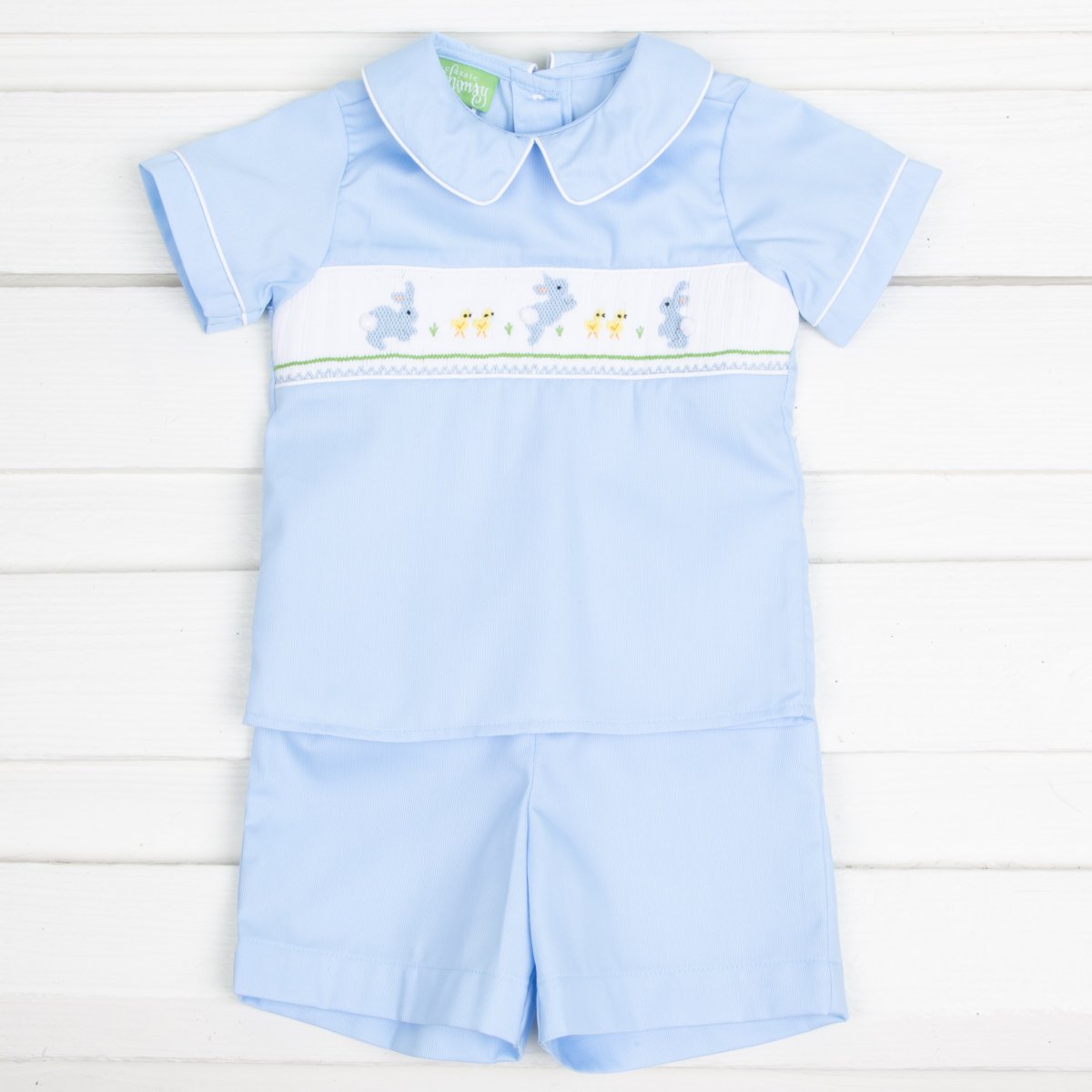 Easter Smocked Collared Short Set Blue Pique