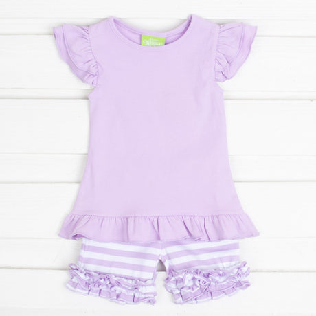 Purple Stripe Knit Ruffle Short Set