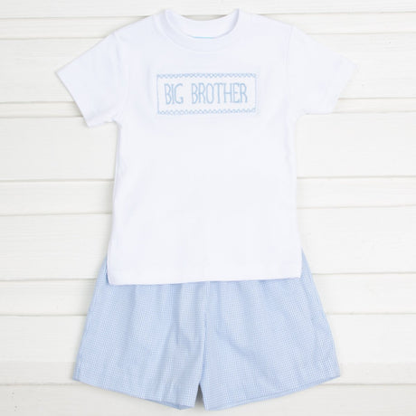 Smocked Big Brother Short Set Light Blue Gingham