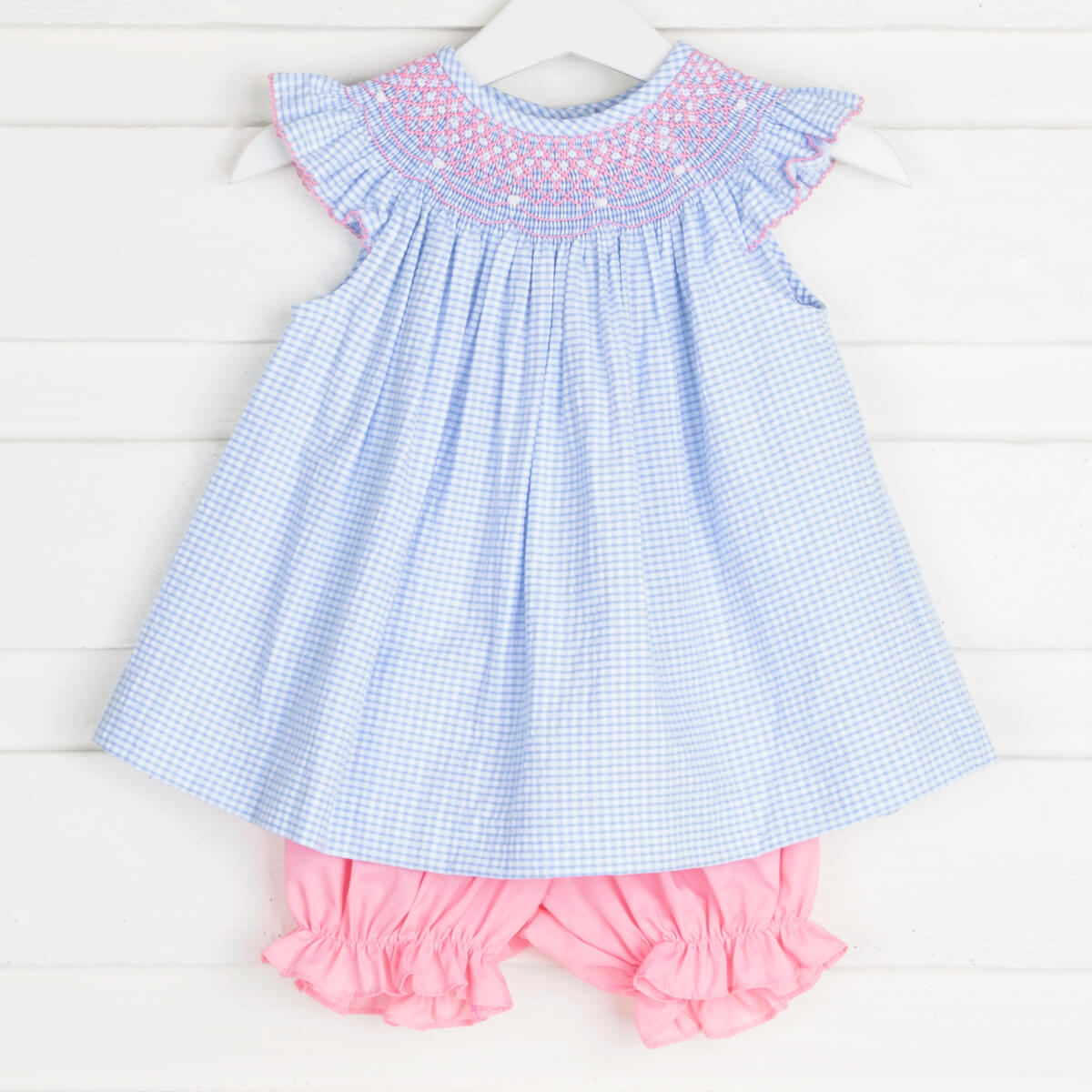 Pink Geometric Smocked Stripe Bloomer Set