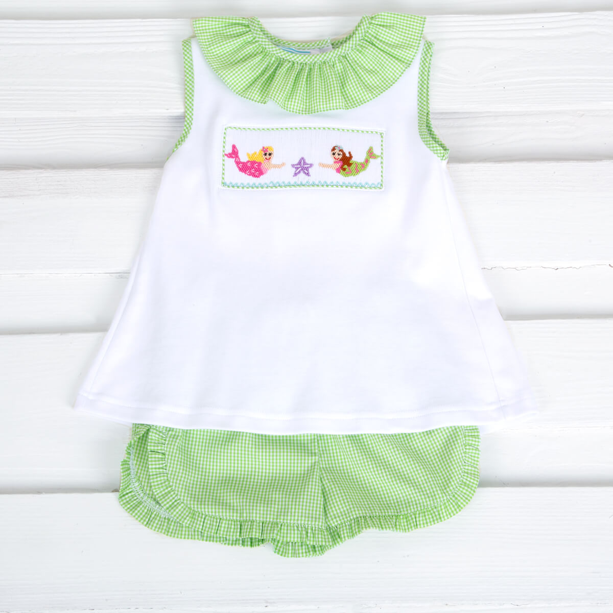 Mermaid Smocked Lime Green Check Short Set