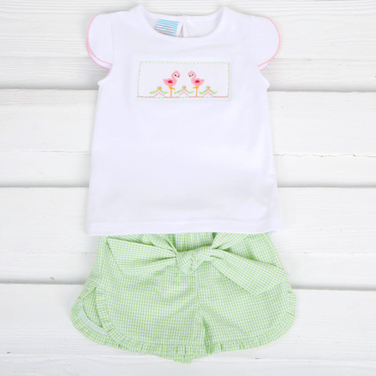 Flamingo Smocked Short Set Lime Green Seersucker