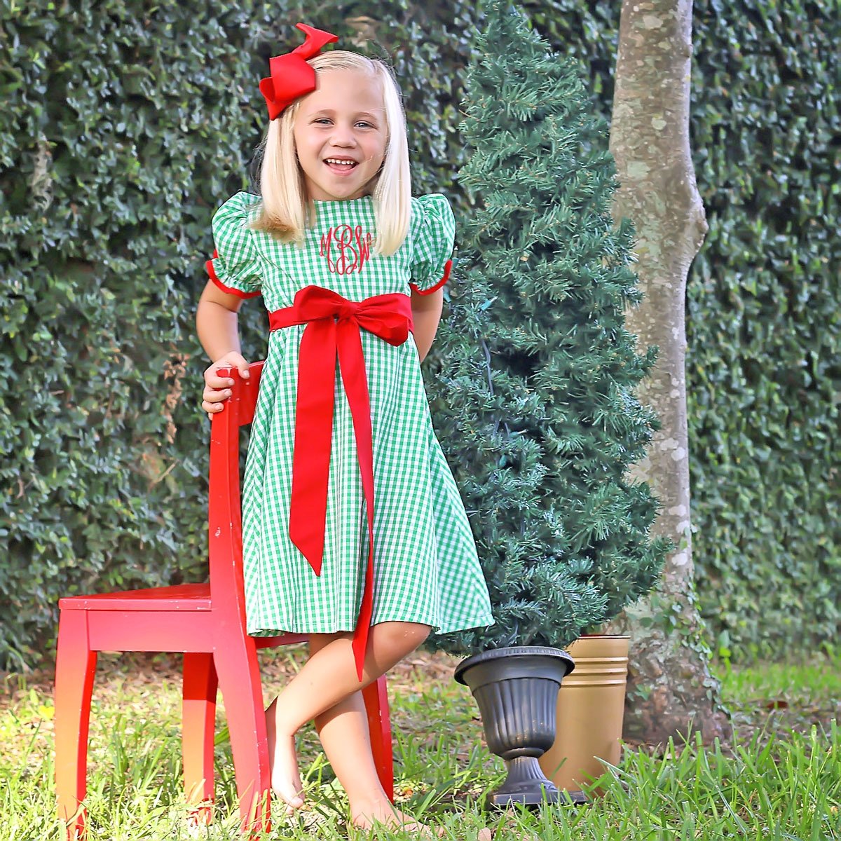 Santa Express Green Check Sash Dress