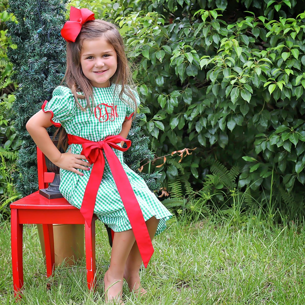 Santa Express Green Check Sash Dress