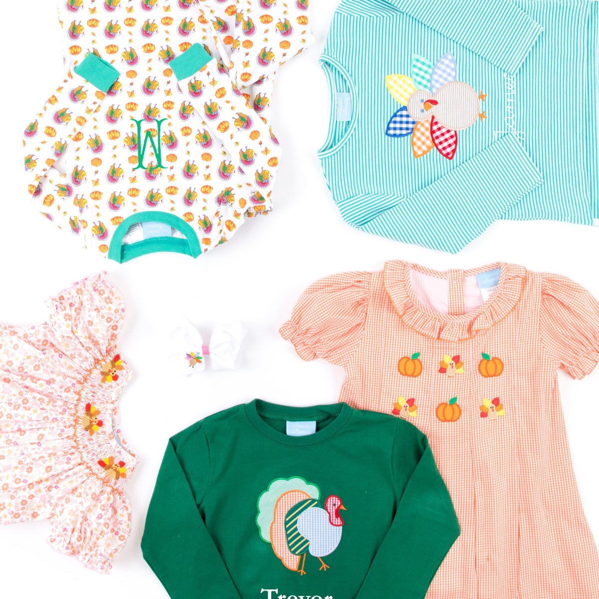 girls turkey smocked dress with green boys turkey sweatshirt and thanksgiving pajamas for kids