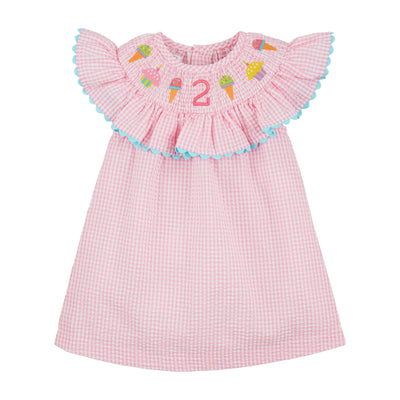 Second Birthday Pink Seersucker Smocked Dress
