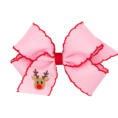 Reindeer Embroidered Pink Moonstitch Bow