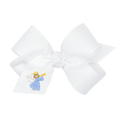 Angel Embroidered White Grosgrain Knot Bow