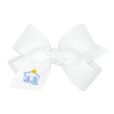 Nativity Embroidered White Grosgrain Knot Bow
