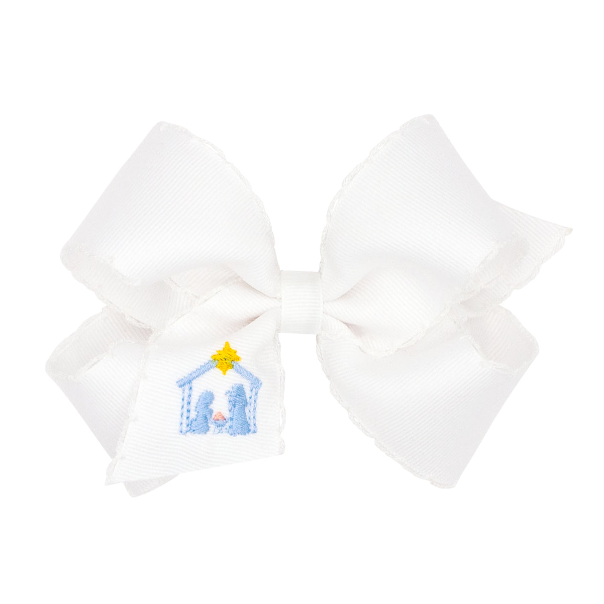 Nativity Embroidered White Moonstitch Bow