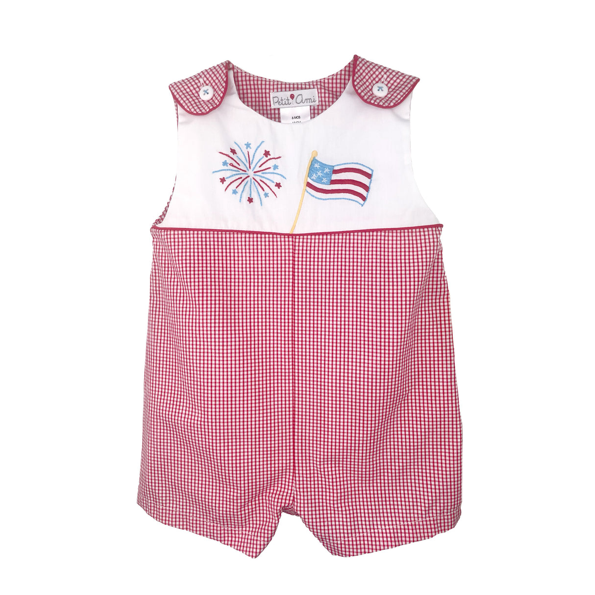 Patriotic Fireworks Embroidered Red Gingham Jon Jon