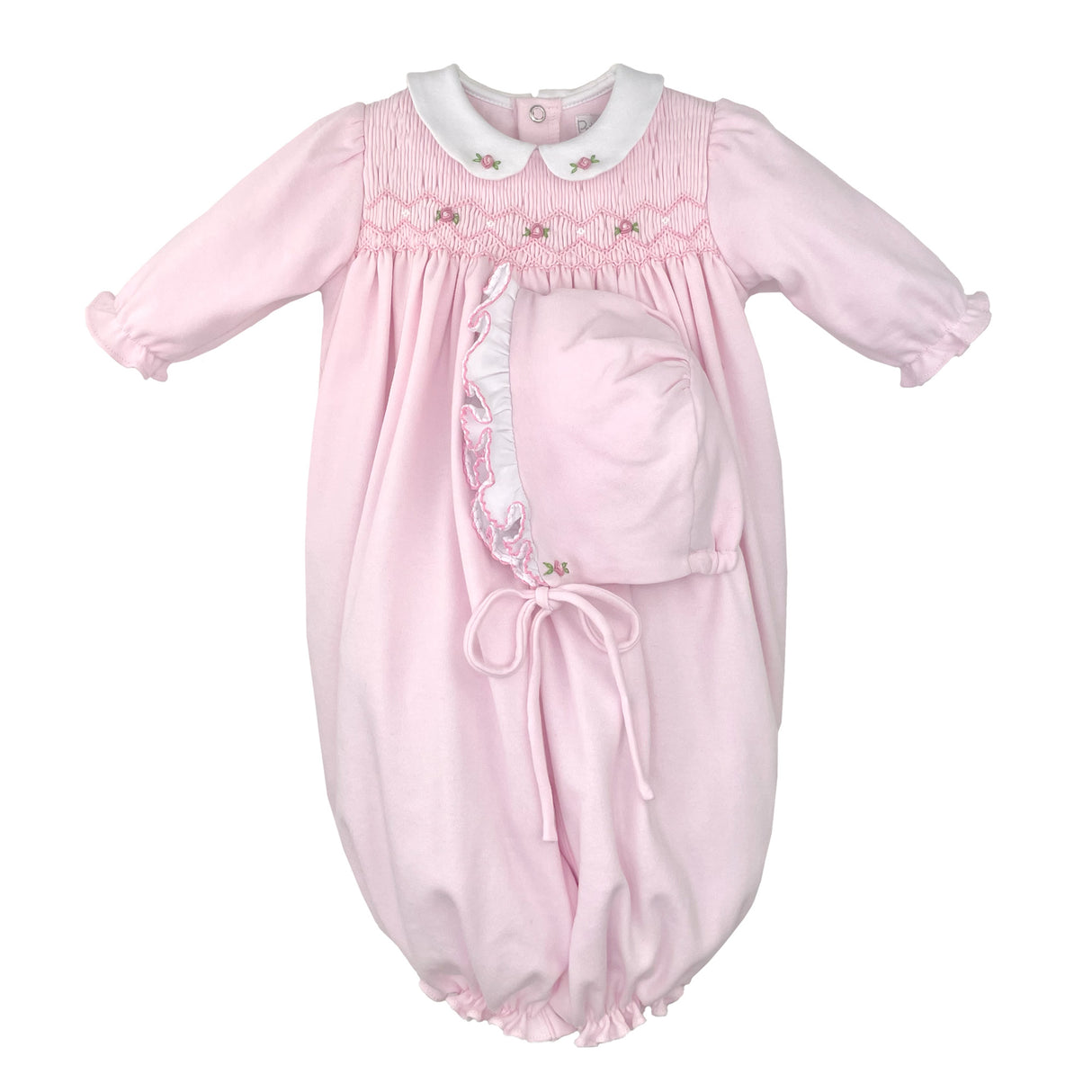 Rosebud Smocked Pink Convertible Gown and Bonnet Set