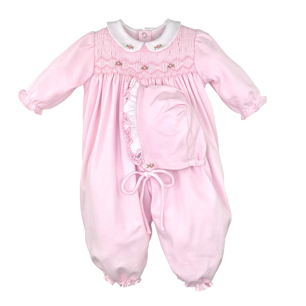 Rosebud Smocked Pink Convertible Gown and Bonnet Set