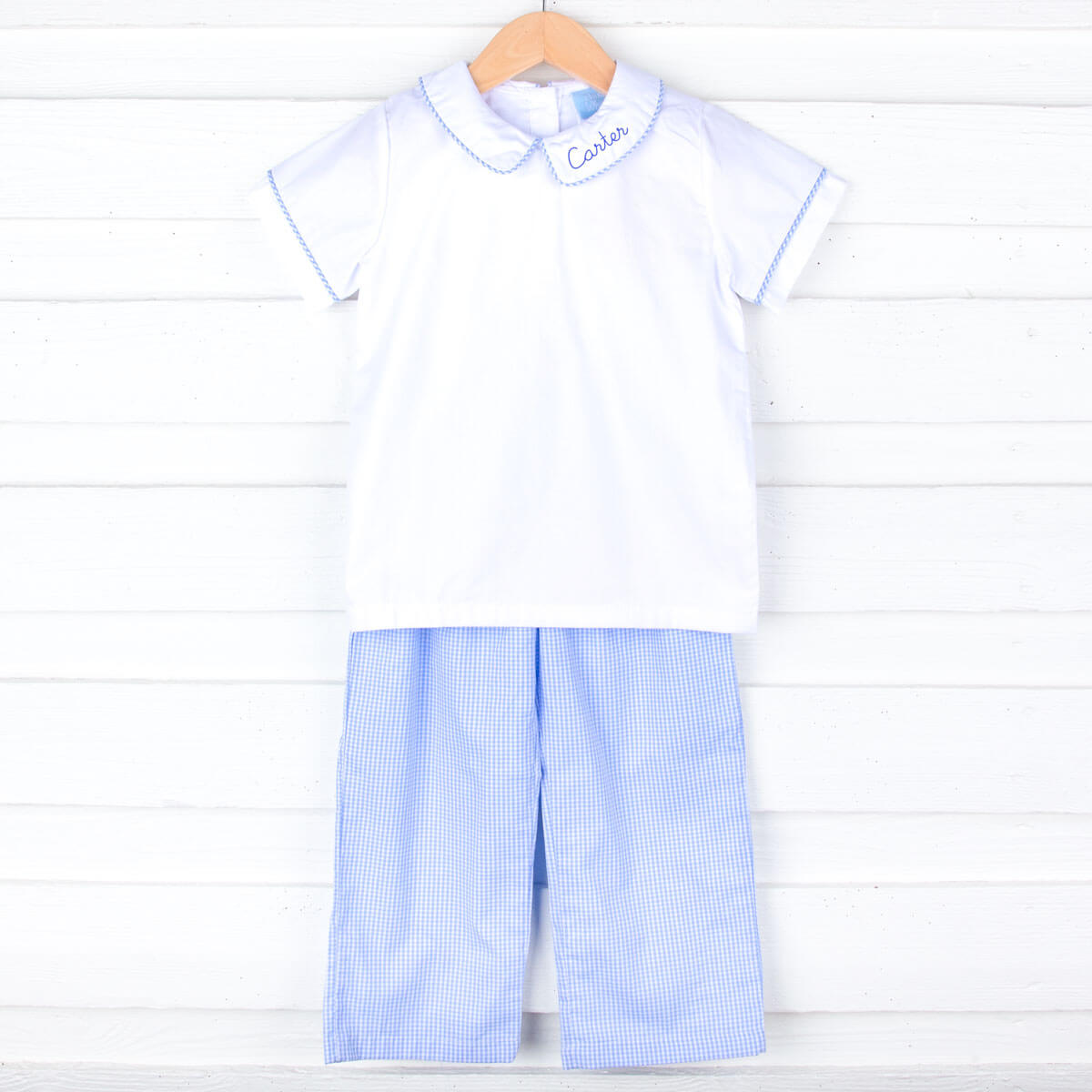 Light Blue Gingham Collared Pant Set